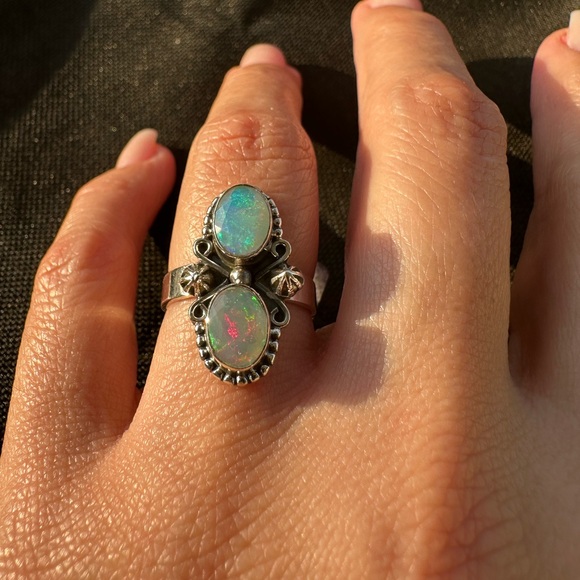 Unknown Jewelry - Faceted Opal Double Oval Scrollwork Bypass Ring Size 7 Multicolor
